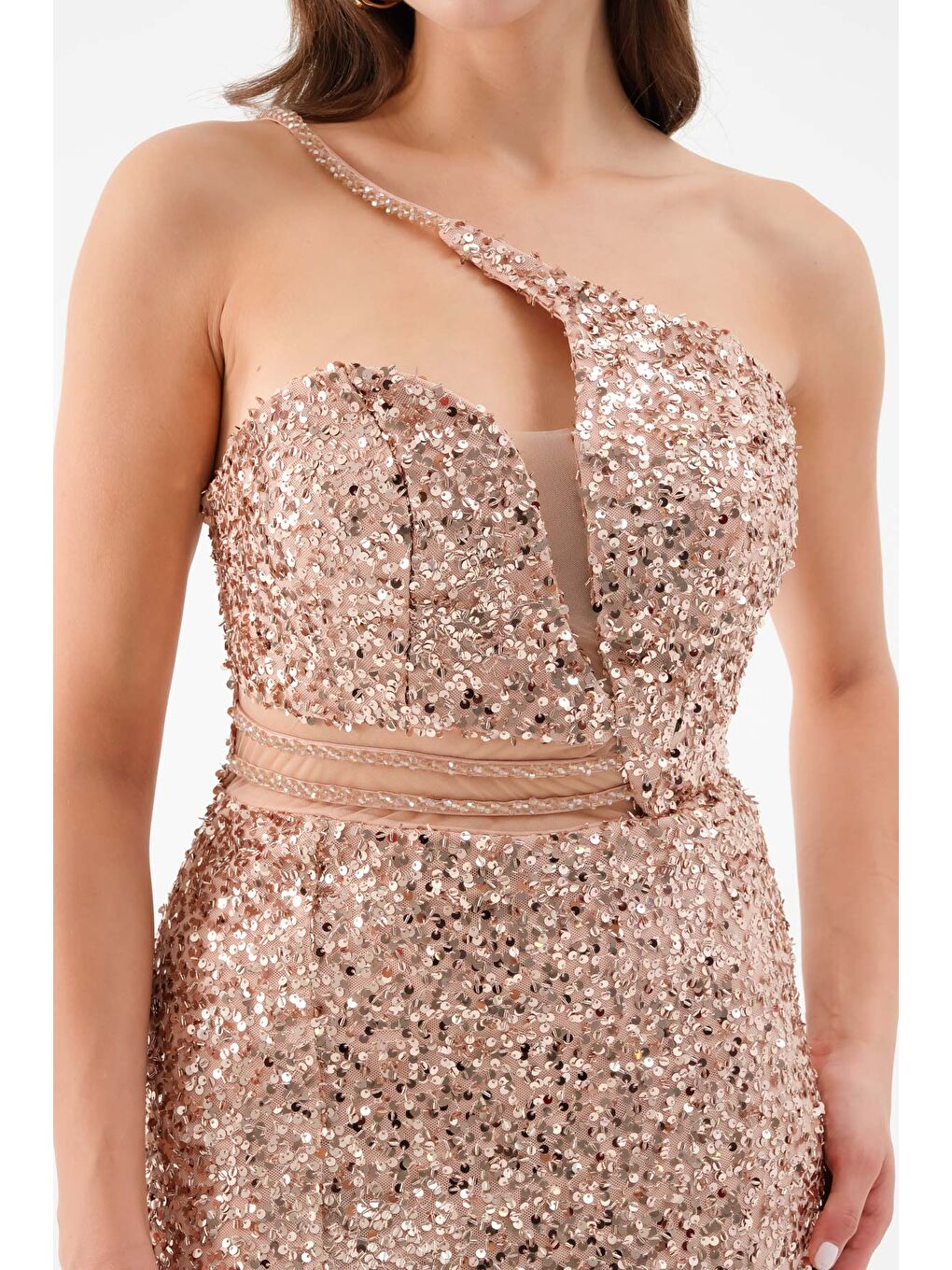 Sarı Kadın Gold Bel Transparan Yırtmaçlı Payetli Uzun Abiye Elbise-3