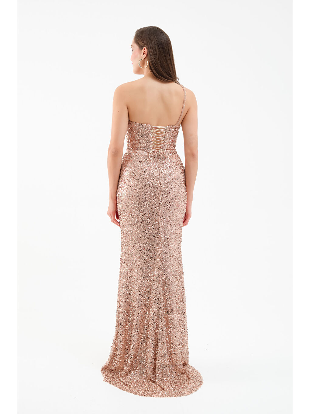 Sarı Kadın Gold Bel Transparan Yırtmaçlı Payetli Uzun Abiye Elbise-4