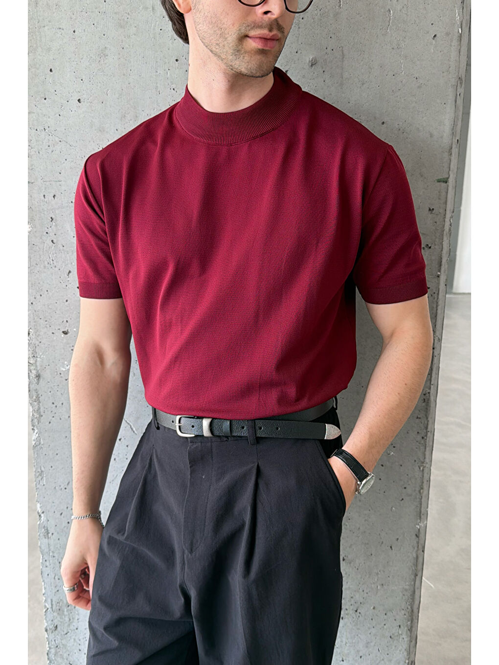 Bordo Erkek Oversize Yarım Balıkçı Triko Kısa Kol T-shirt