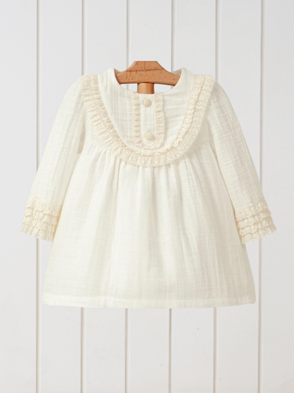 Beyaz Bisiklet Yaka Uzun Kollu Dantel Detaylı Kız Bebek Müslin Elbise