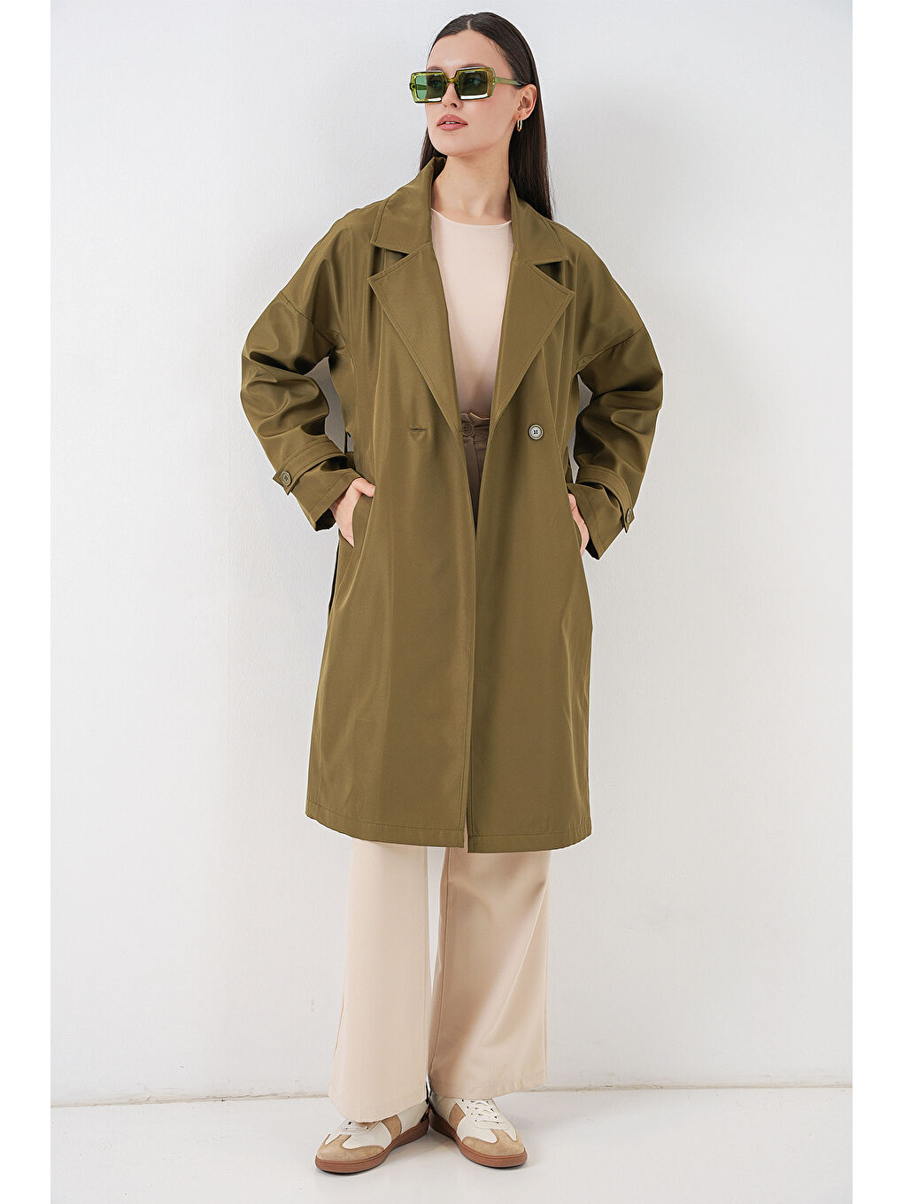Kadın Kruvaze Yaka Trençkot 5987 - Haki-1