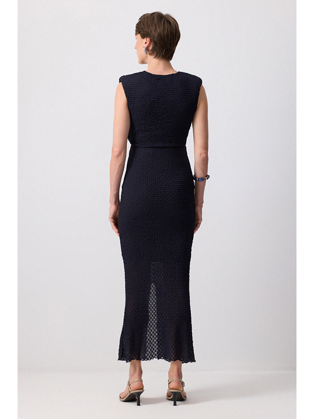 Lacivert Büzgü Detaylı Elbise-3