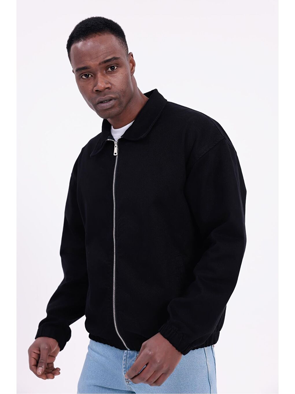 Siyah Erkek Basic Gabardin Kumaş Fermuarlı Oversize Mevsimlik Polo Yaka Ceket-1