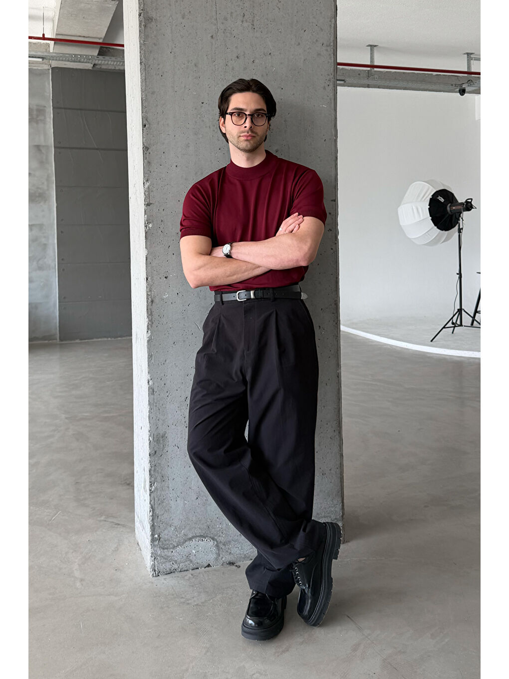 Bordo Erkek Oversize Yarım Balıkçı Triko Kısa Kol T-shirt-1