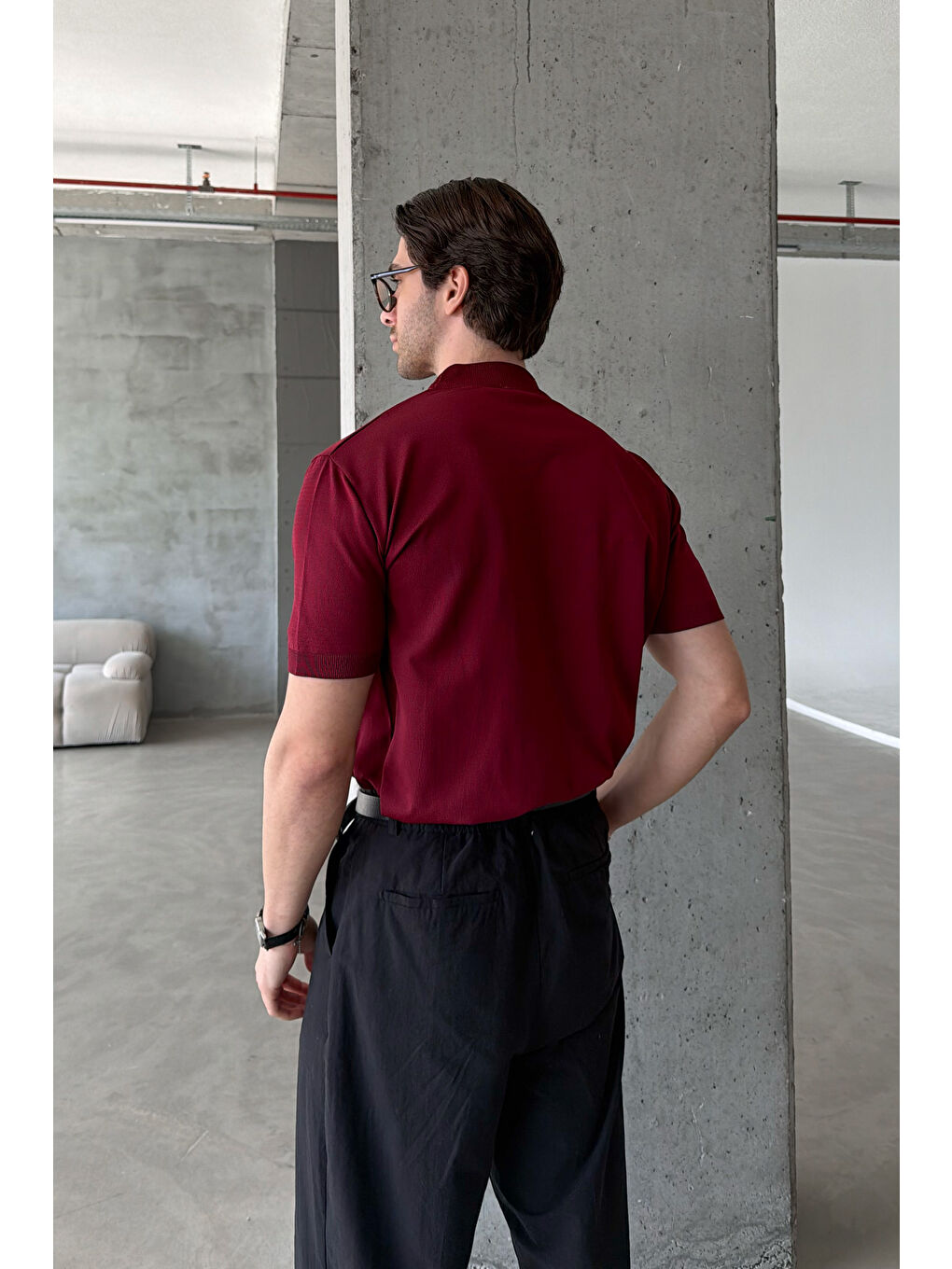 Bordo Erkek Oversize Yarım Balıkçı Triko Kısa Kol T-shirt-2