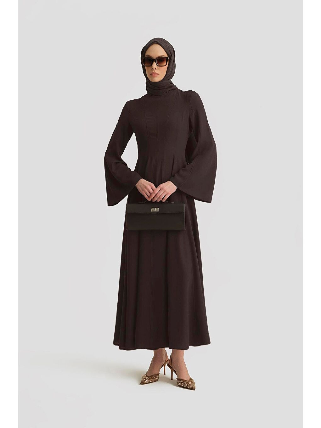 Kahverengi Dökümlü Kloş Elbise 25Y9005 Acı Kahve