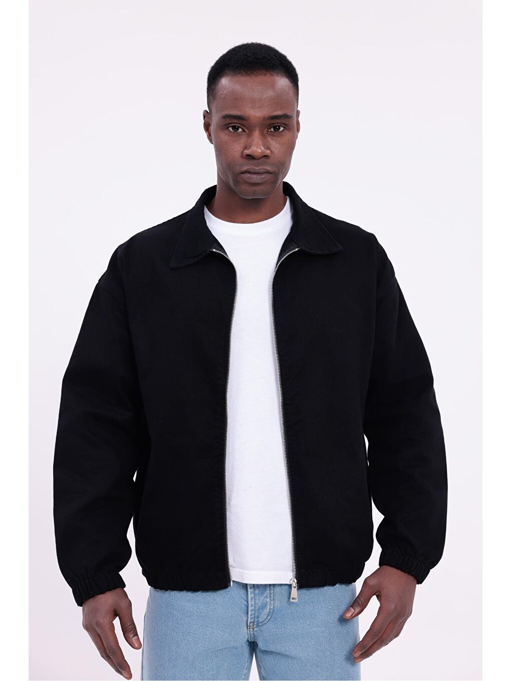Siyah Erkek Basic Gabardin Kumaş Fermuarlı Oversize Mevsimlik Polo Yaka Ceket-2