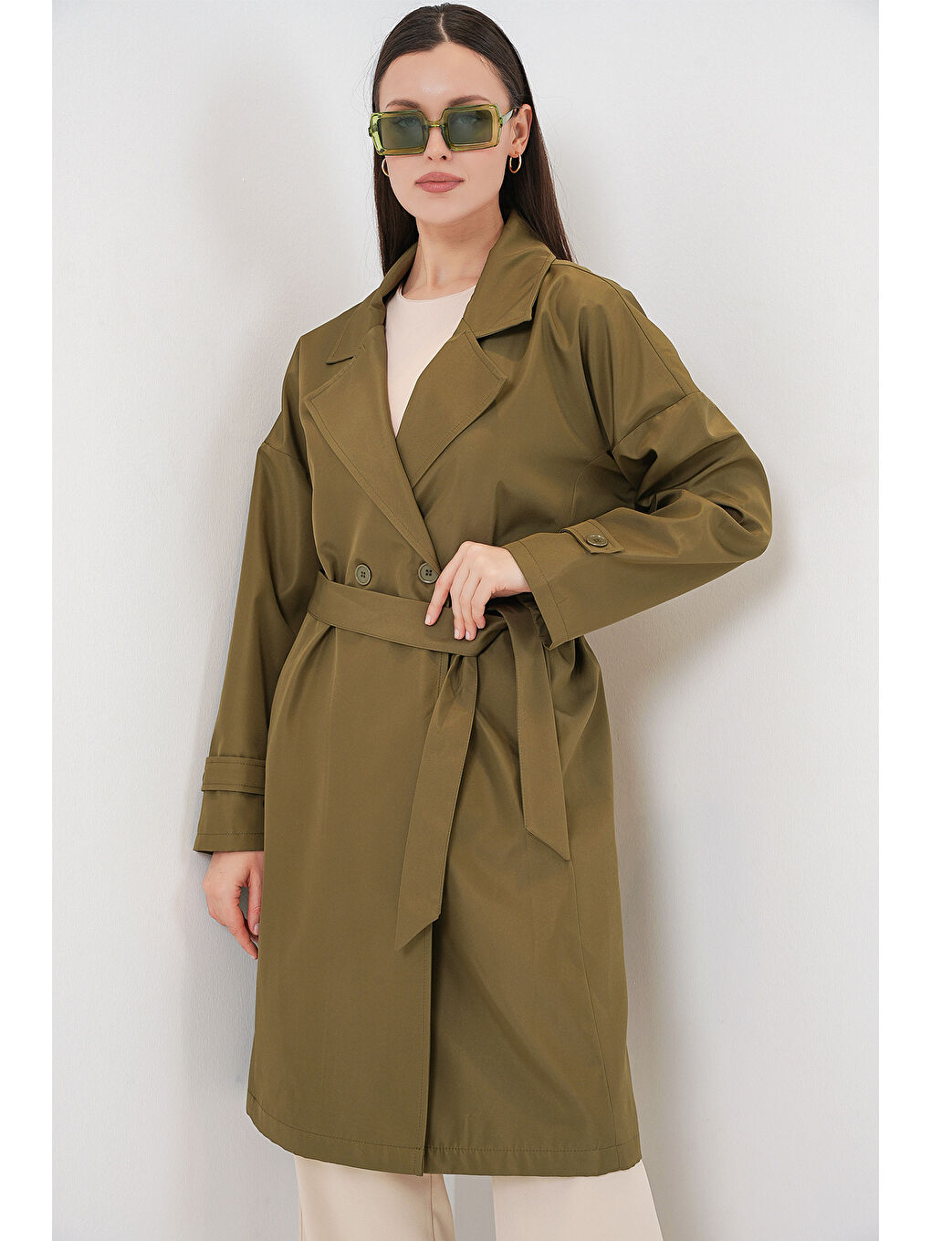 Kadın Kruvaze Yaka Trençkot 5987 - Haki-4