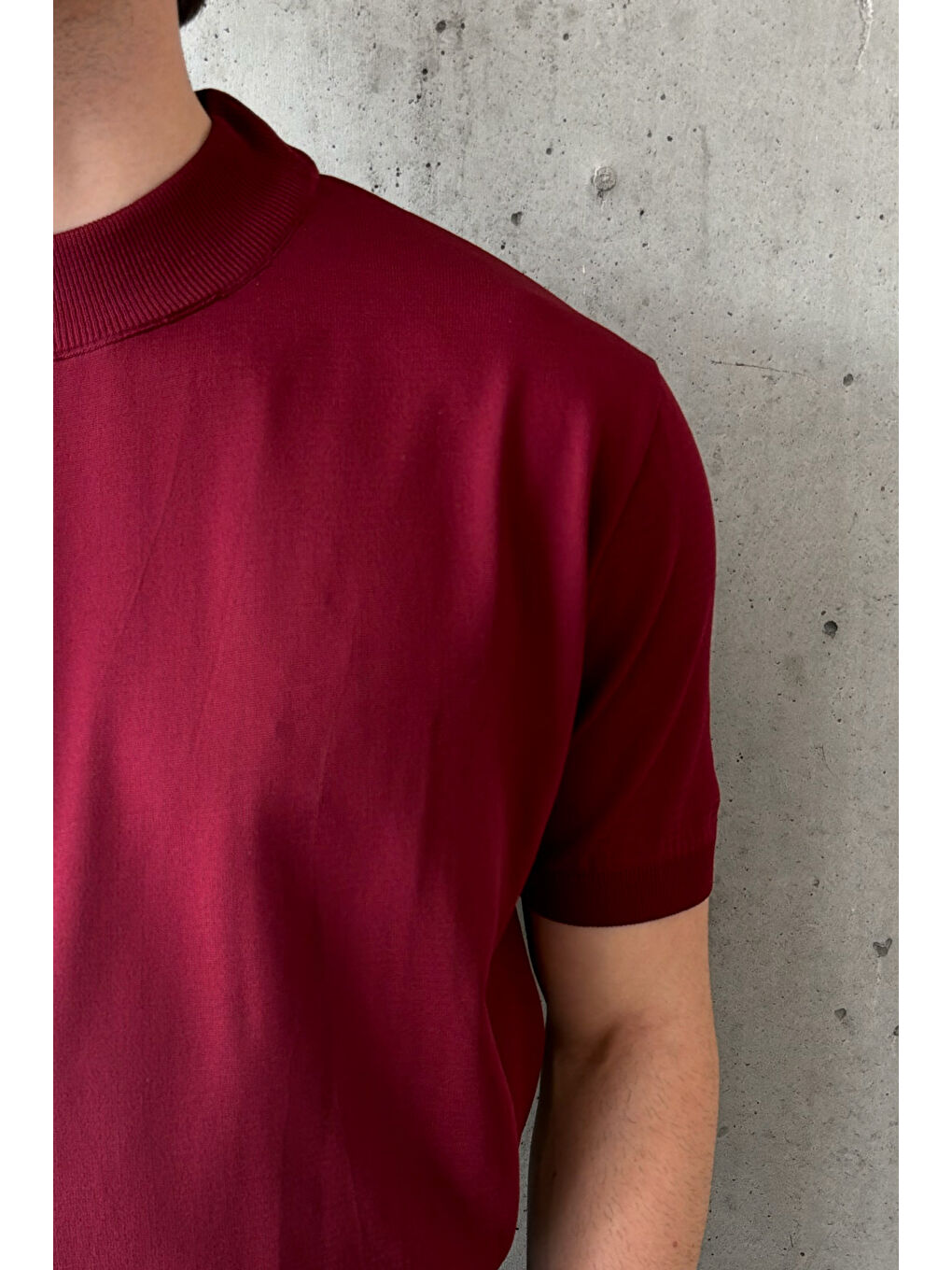 Bordo Erkek Oversize Yarım Balıkçı Triko Kısa Kol T-shirt-3