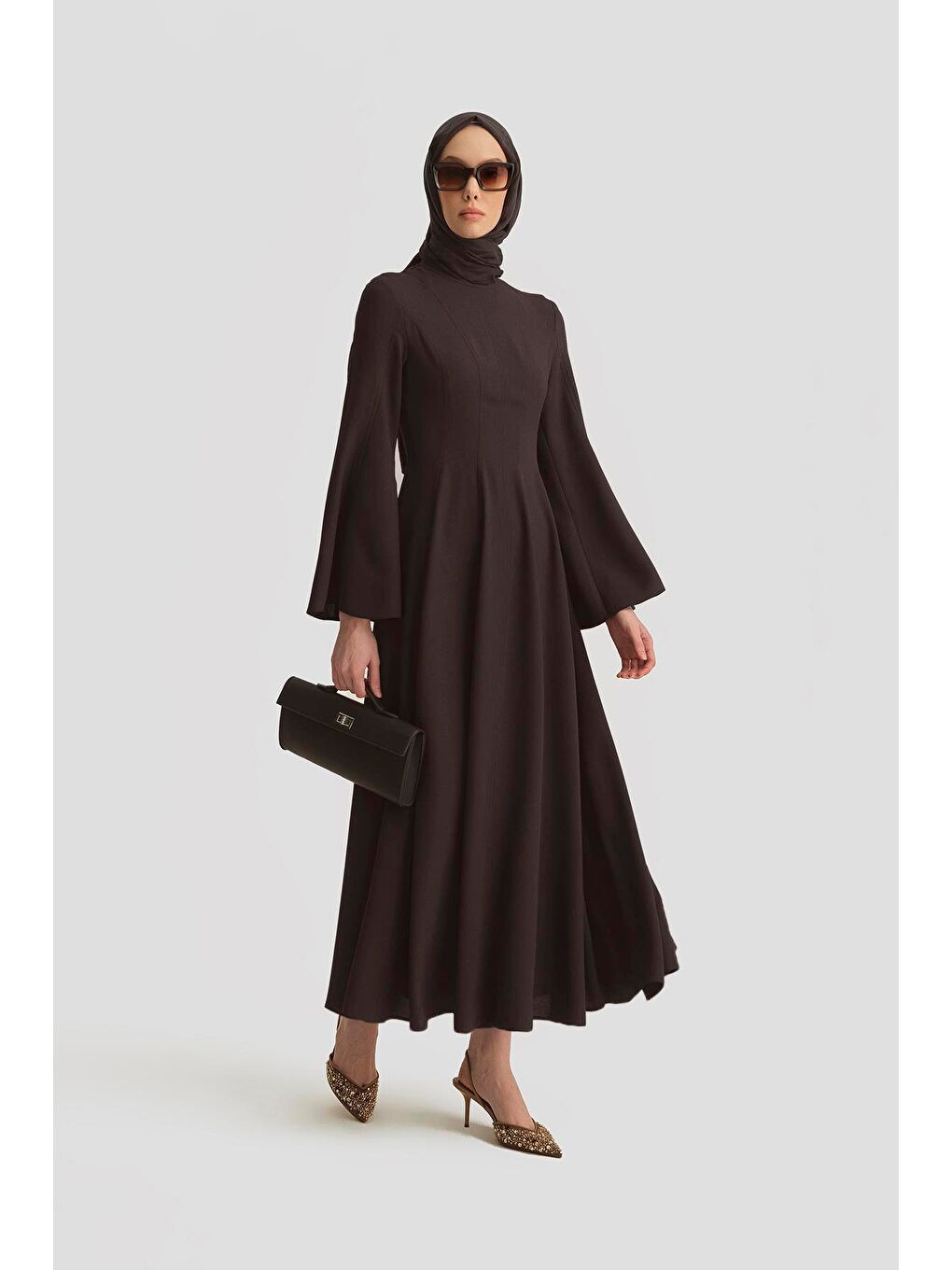 Kahverengi Dökümlü Kloş Elbise 25Y9005 Acı Kahve-1