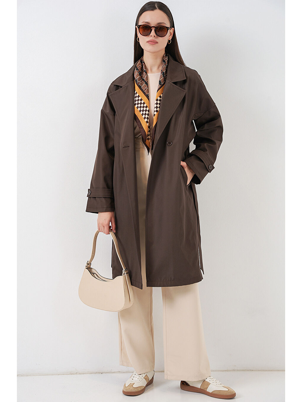 Kadın Kruvaze Yaka Trençkot 5987 - Kahverengi-2