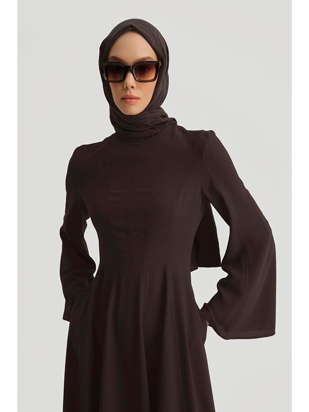 Kahverengi Dökümlü Kloş Elbise 25Y9005 Acı Kahve-2
