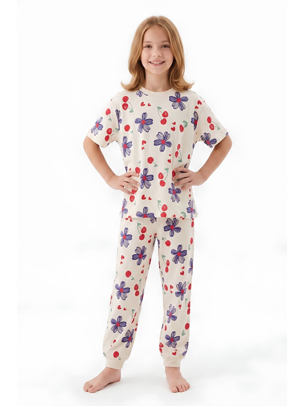 Ekru Kız Çocuk %100 Pamuk Pijama Takımı 3-13 Yaş 12713ıs