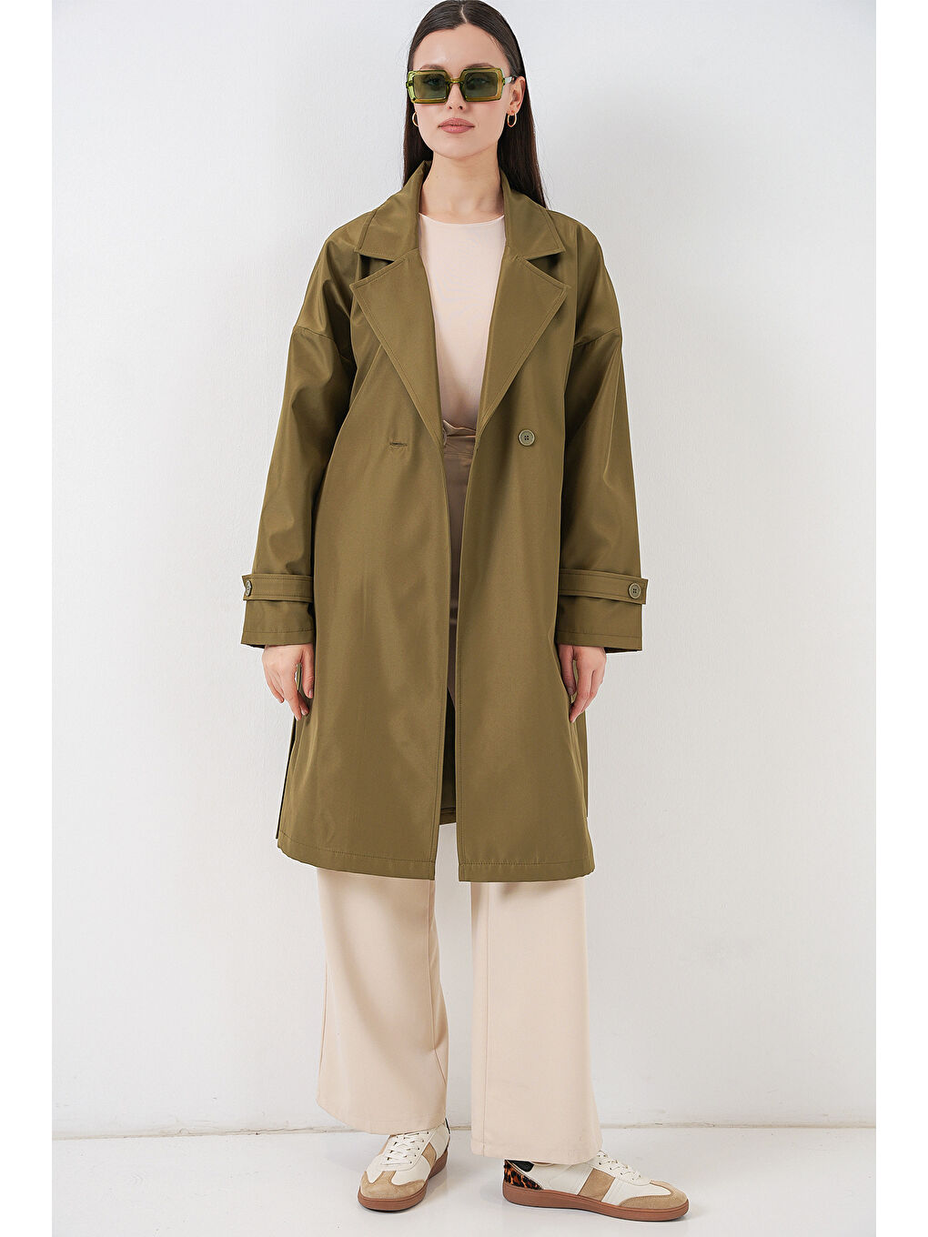Kadın Kruvaze Yaka Trençkot 5987 - Haki-5