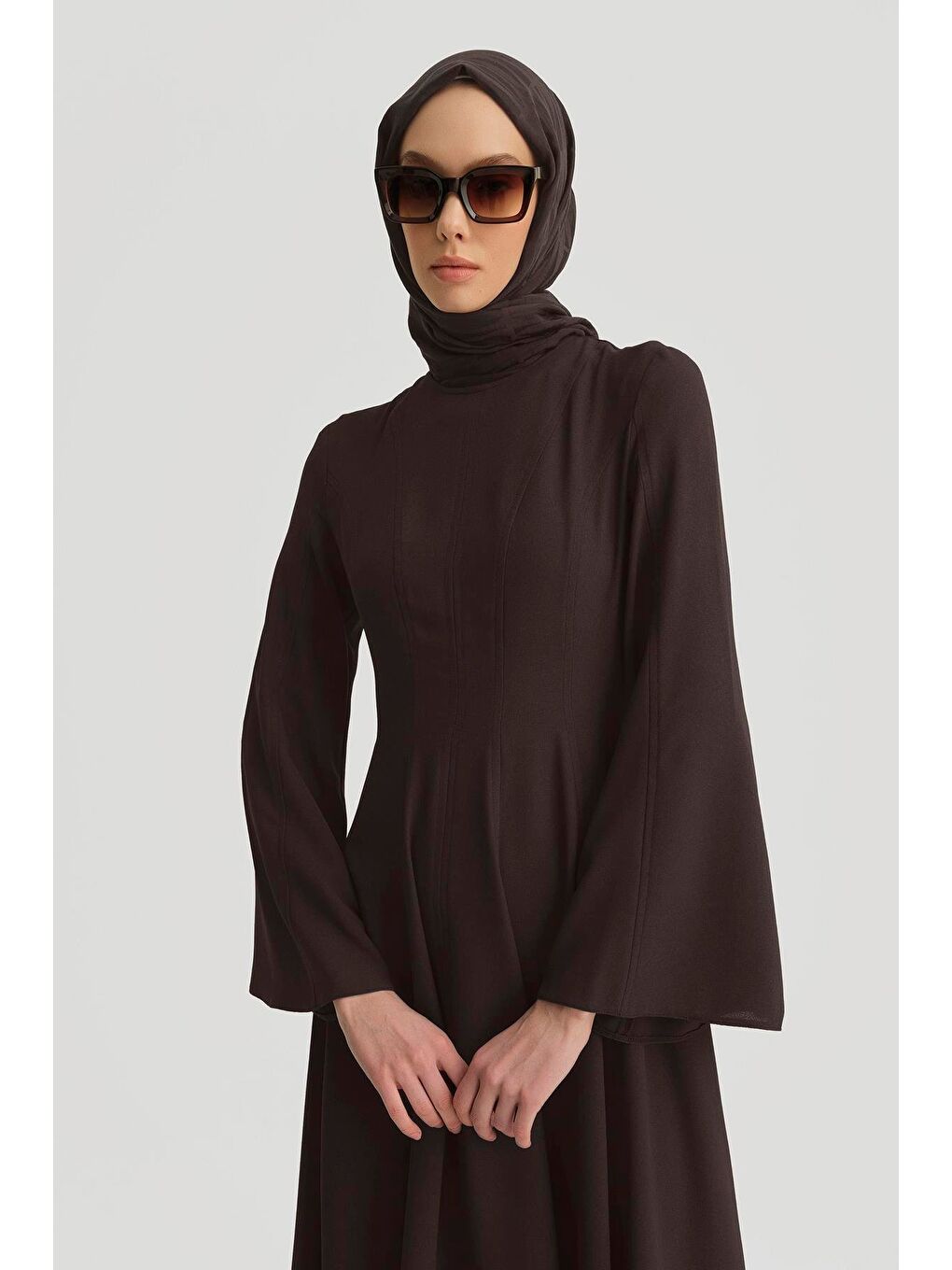 Kahverengi Dökümlü Kloş Elbise 25Y9005 Acı Kahve-3