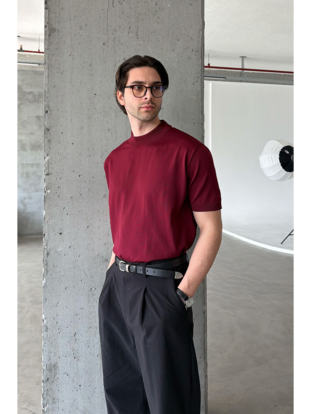 Bordo Erkek Oversize Yarım Balıkçı Triko Kısa Kol T-shirt-4