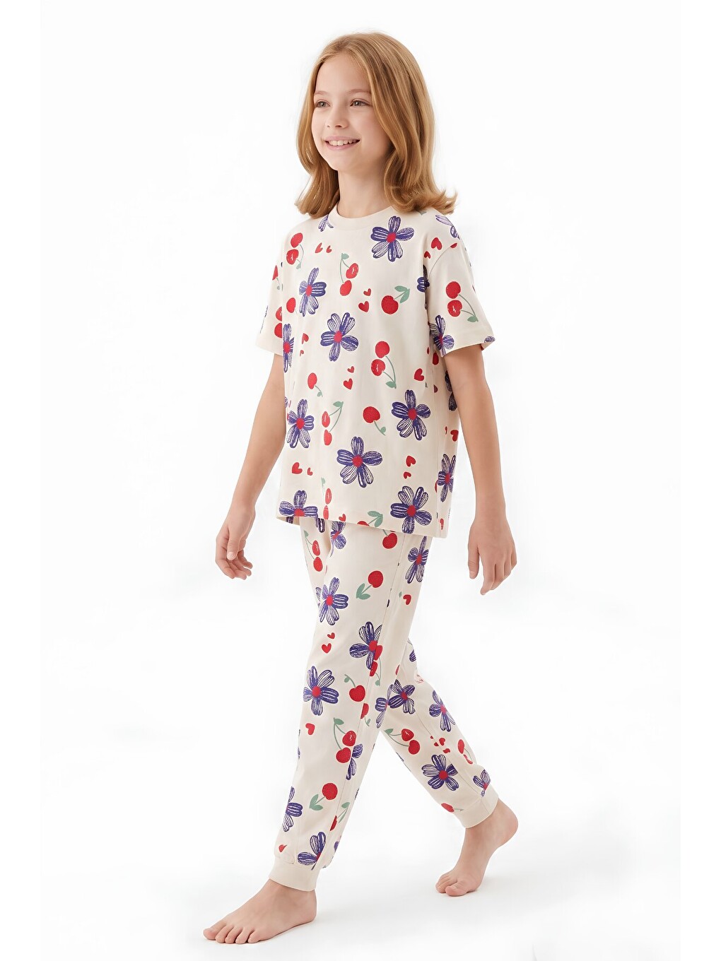Ekru Kız Çocuk %100 Pamuk Pijama Takımı 3-13 Yaş 12713ıs-1