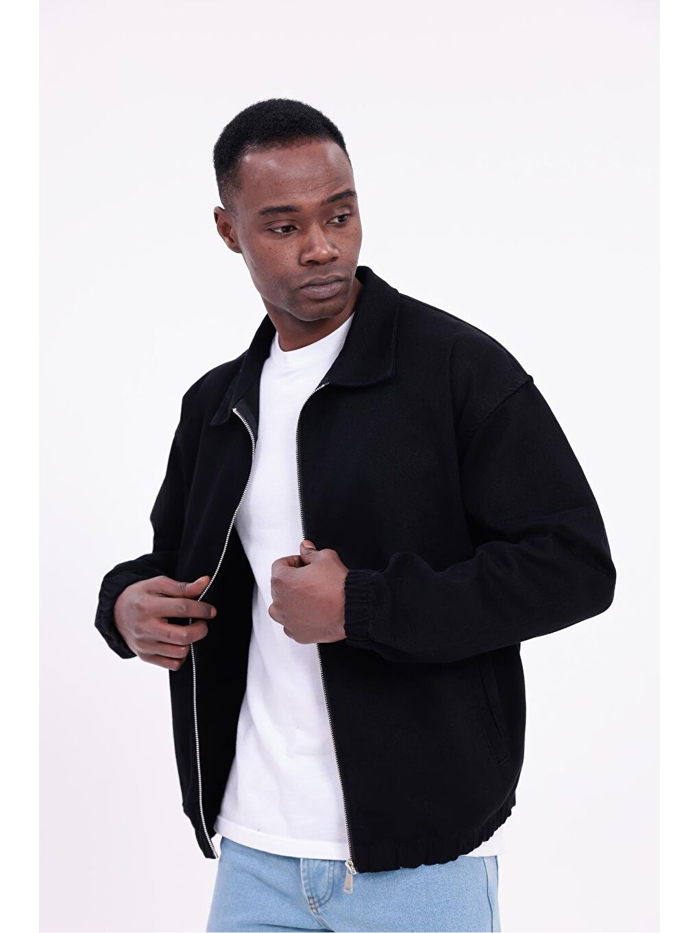 Siyah Erkek Basic Gabardin Kumaş Fermuarlı Oversize Mevsimlik Polo Yaka Ceket-3