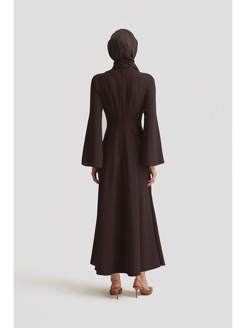 Kahverengi Dökümlü Kloş Elbise 25Y9005 Acı Kahve-4