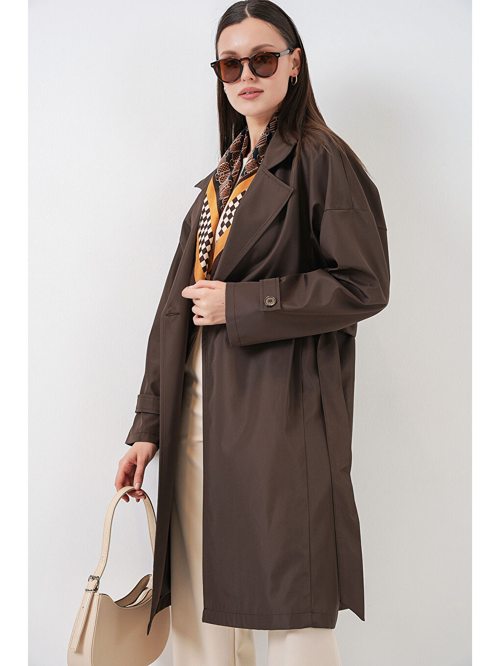 Kadın Kruvaze Yaka Trençkot 5987 - Kahverengi-3