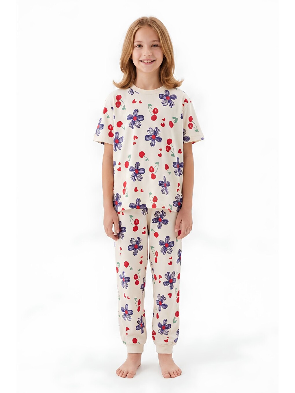 Ekru Kız Çocuk %100 Pamuk Pijama Takımı 3-13 Yaş 12713ıs-2