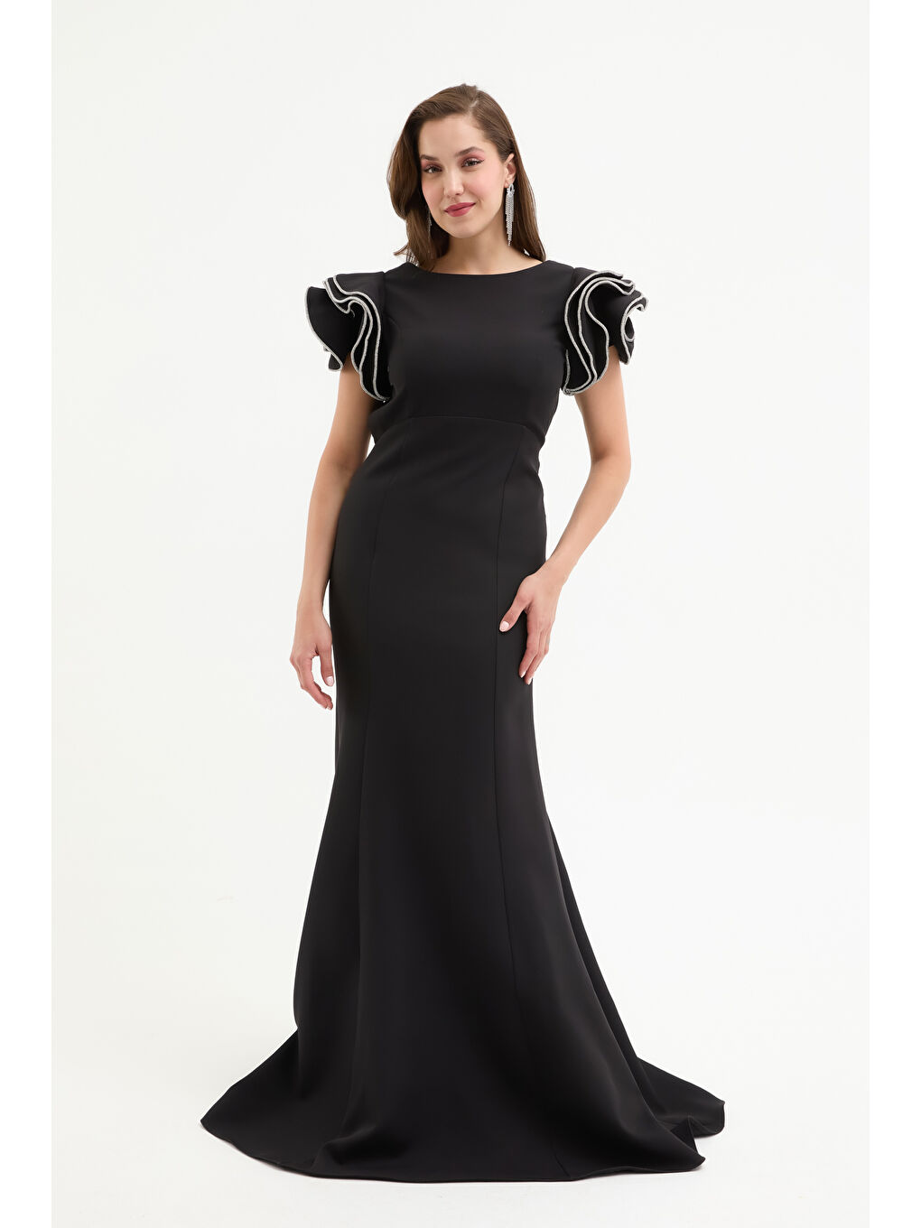 Kadın Siyah Sırt Dekolteli Uzun Abiye Elbise-1