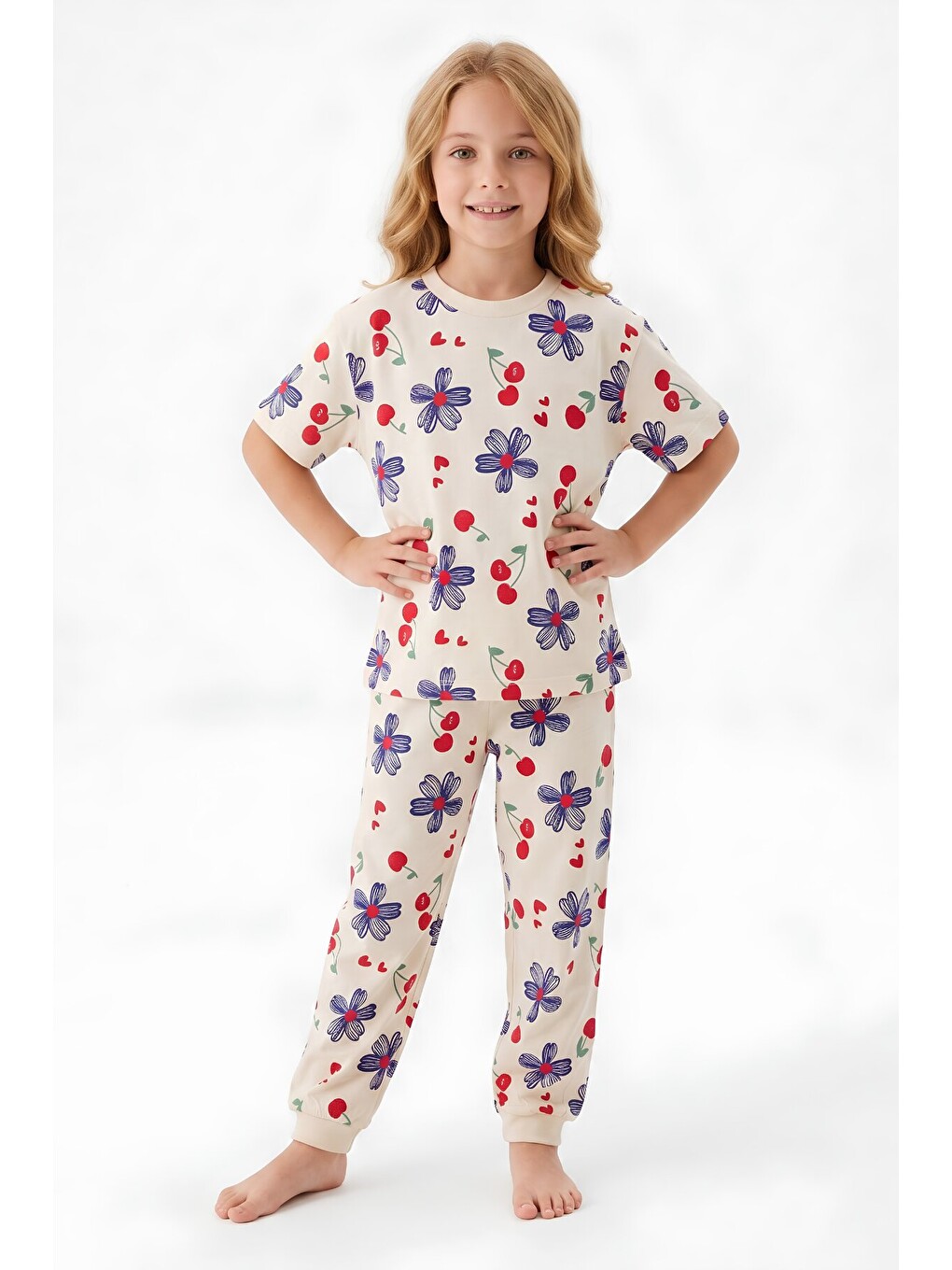 Ekru Kız Çocuk %100 Pamuk Pijama Takımı 3-13 Yaş 12713ıs-3