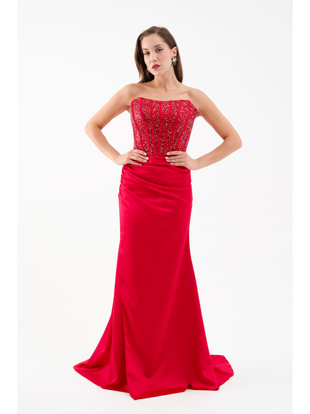 Kadın Kırmızı Balen Korse Detaylı Taşlı Uzun Abiye Elbise