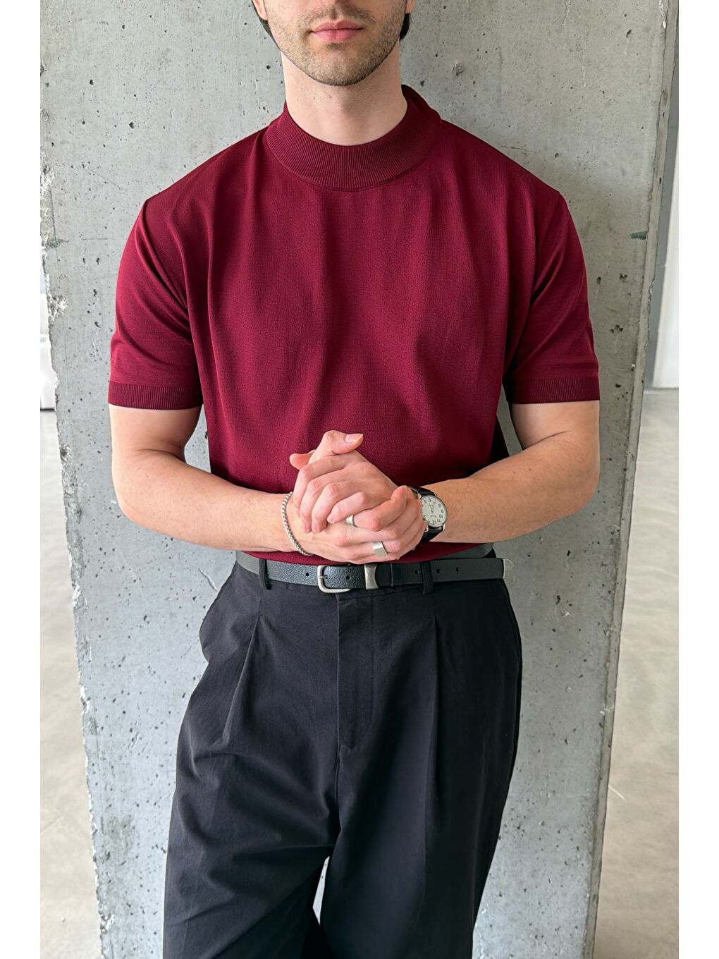 Bordo Erkek Oversize Yarım Balıkçı Triko Kısa Kol T-shirt-5