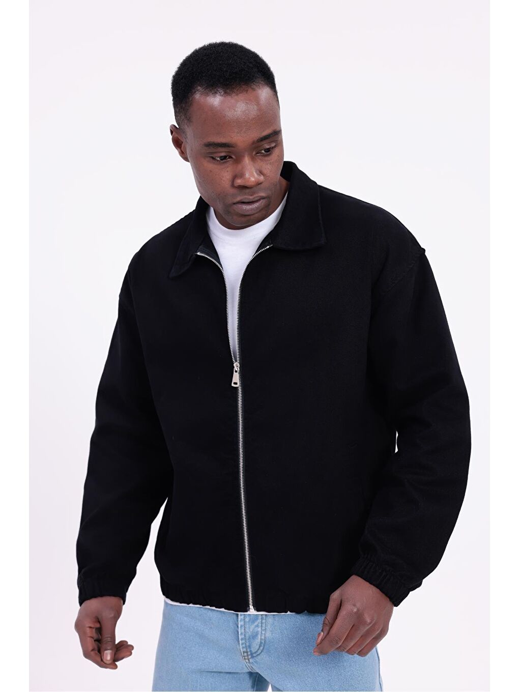 Siyah Erkek Basic Gabardin Kumaş Fermuarlı Oversize Mevsimlik Polo Yaka Ceket-4