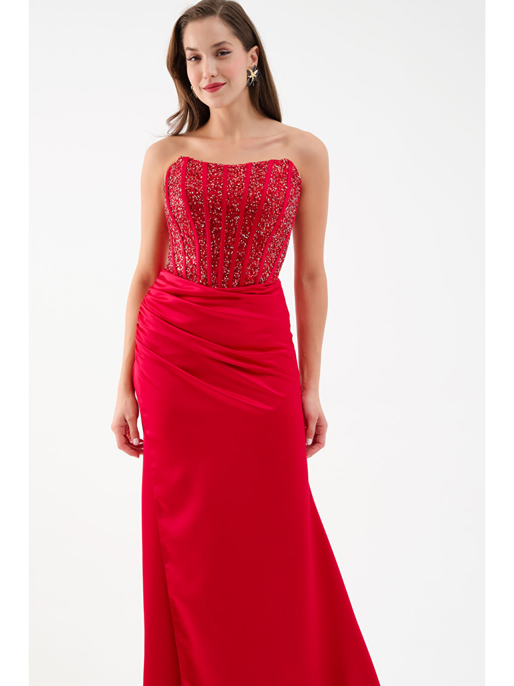 Kadın Kırmızı Balen Korse Detaylı Taşlı Uzun Abiye Elbise-2