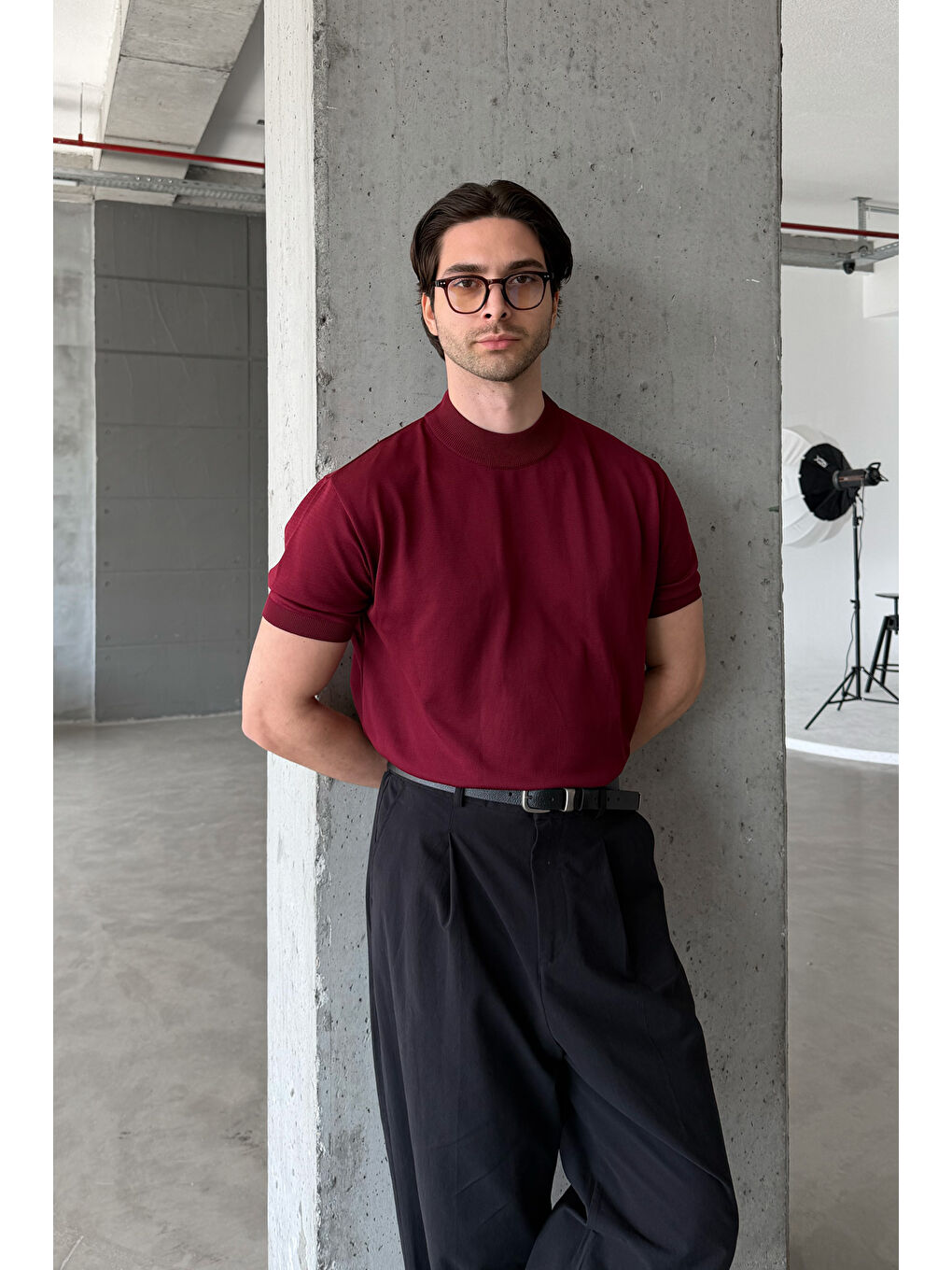 Bordo Erkek Oversize Yarım Balıkçı Triko Kısa Kol T-shirt-6