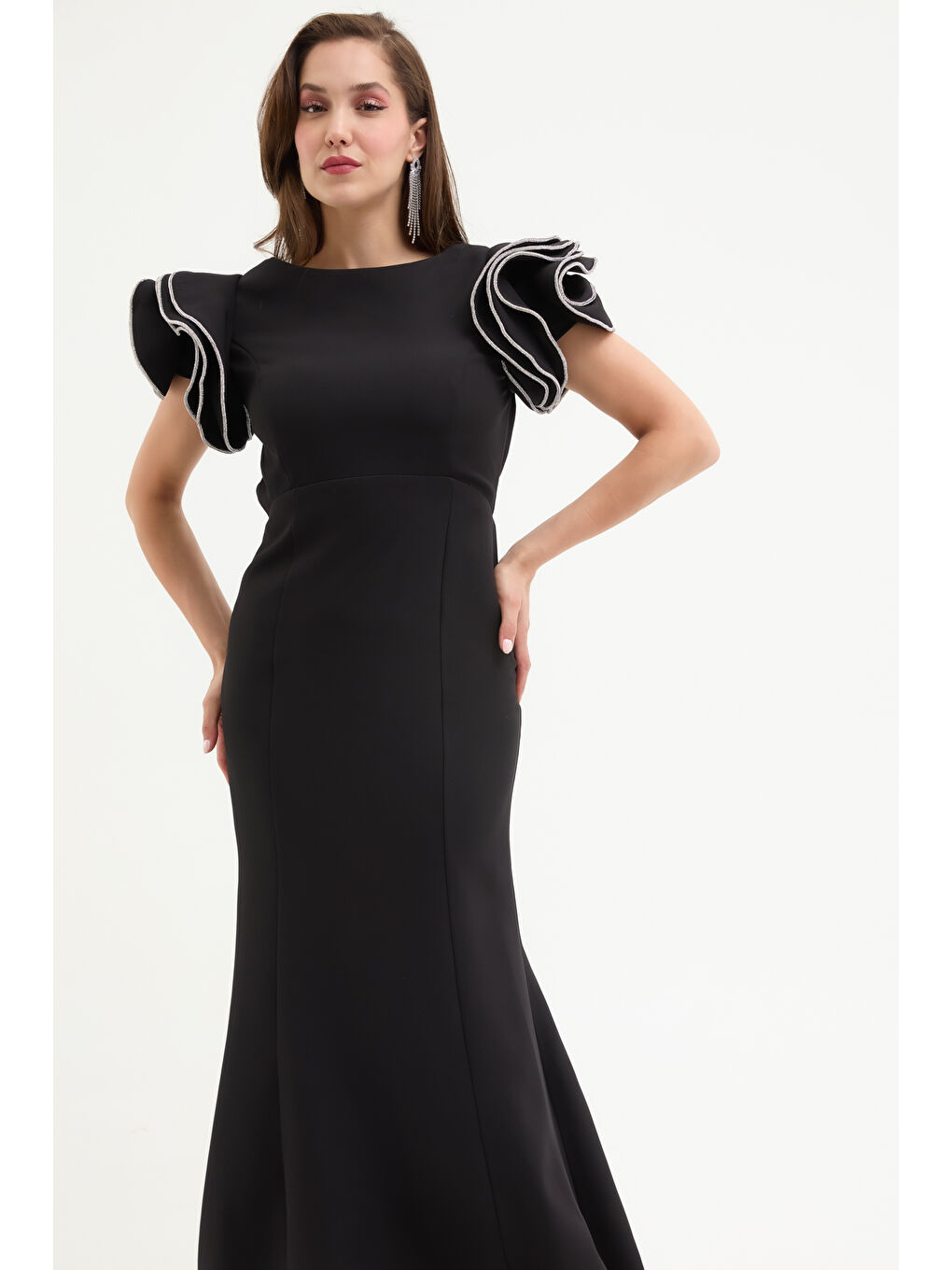 Kadın Siyah Sırt Dekolteli Uzun Abiye Elbise-2