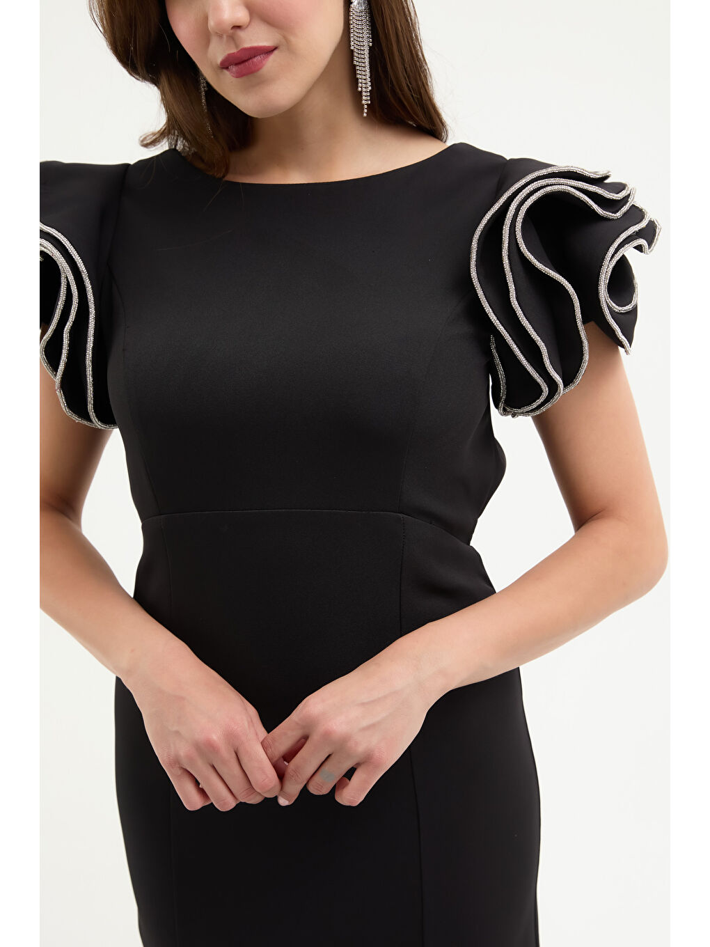 Kadın Siyah Sırt Dekolteli Uzun Abiye Elbise-3