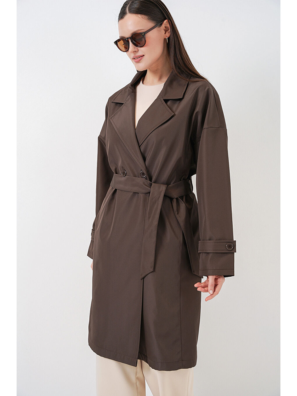 Kadın Kruvaze Yaka Trençkot 5987 - Kahverengi-5