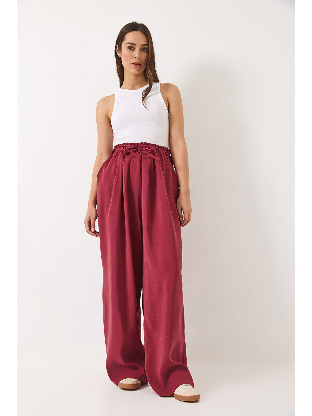 Bordo Kadın Yüksek Bel Geniş Lastikli Oversize Palazzo Pantolon-1