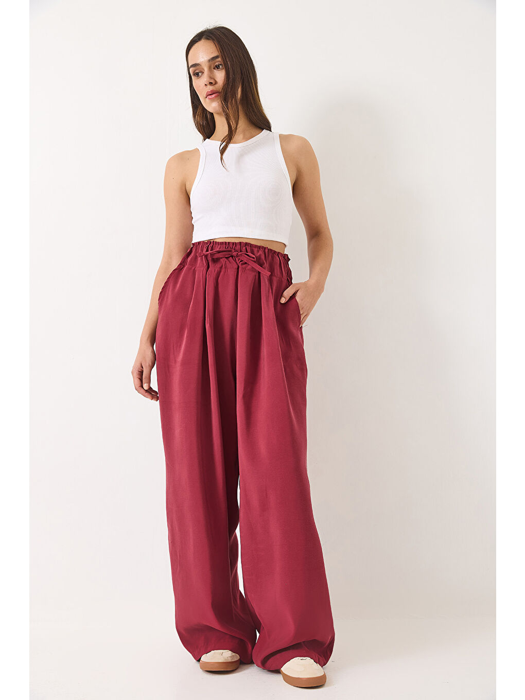 Bordo Kadın Yüksek Bel Geniş Lastikli Oversize Palazzo Pantolon-2