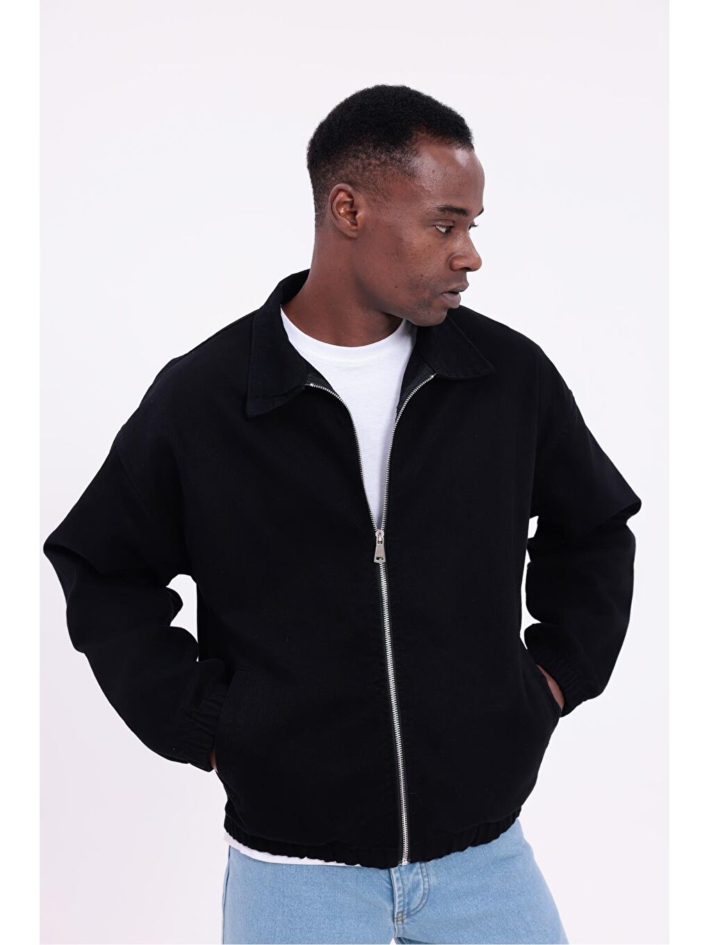 Siyah Erkek Basic Gabardin Kumaş Fermuarlı Oversize Mevsimlik Polo Yaka Ceket-5