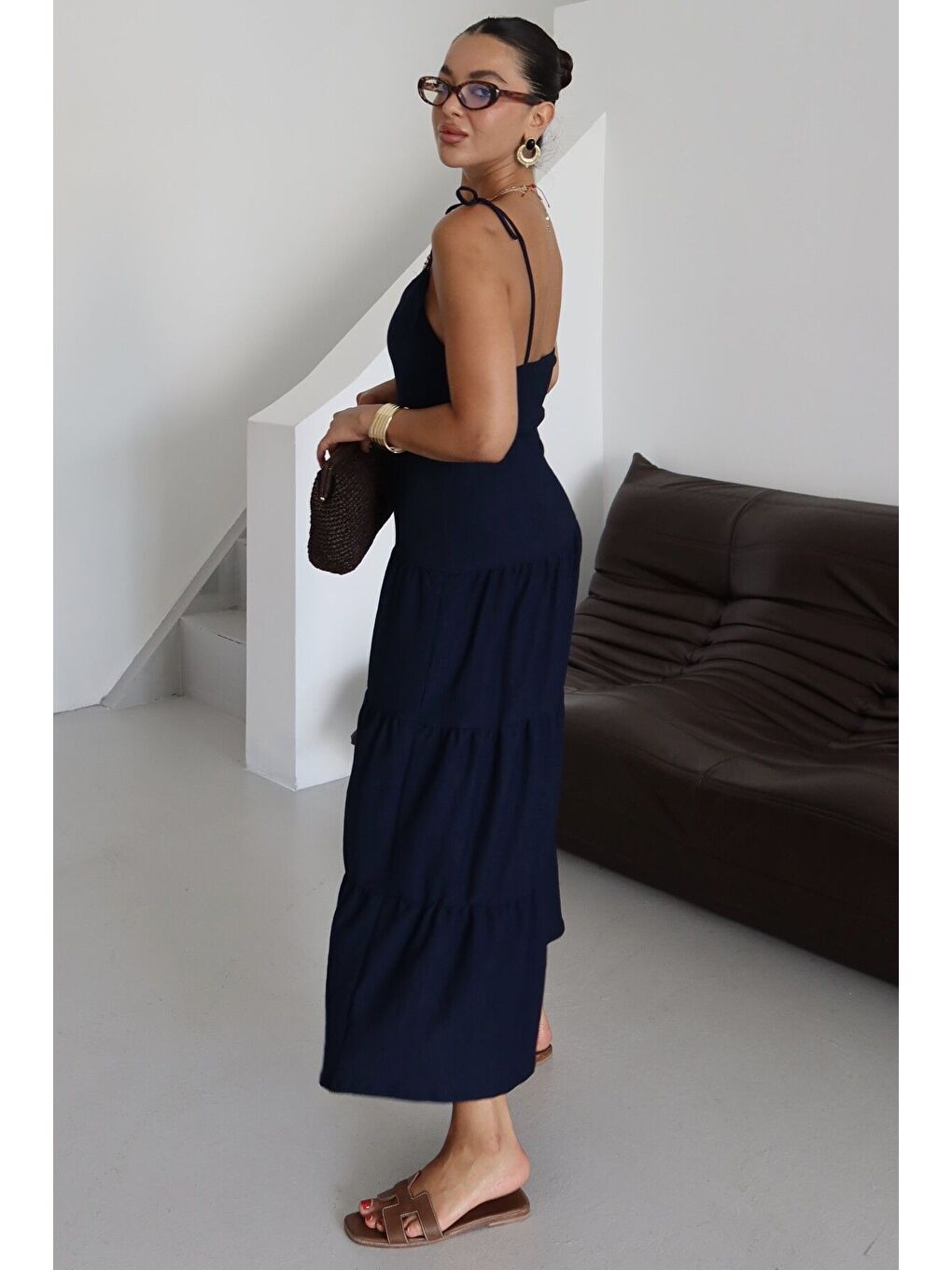 Kadın Lacivert Askılı Bağlama Detaylı Maxi Boy Krinkıl Elbise-6