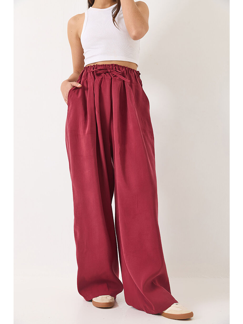 Bordo Kadın Yüksek Bel Geniş Lastikli Oversize Palazzo Pantolon-3