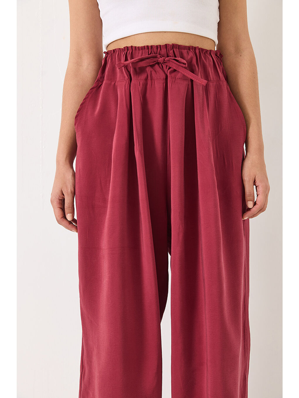 Bordo Kadın Yüksek Bel Geniş Lastikli Oversize Palazzo Pantolon-5