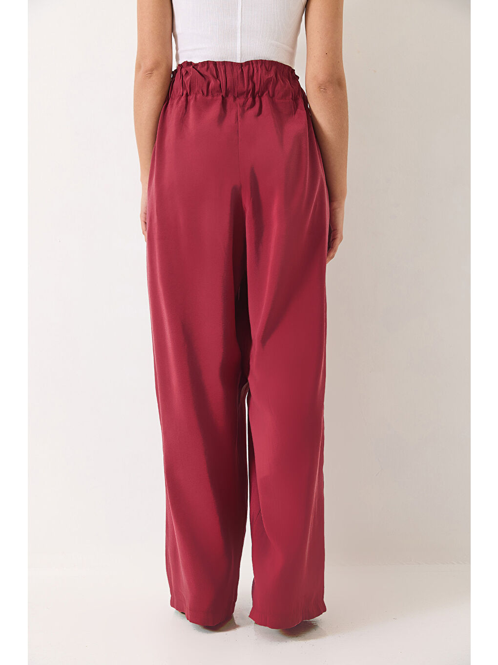 Bordo Kadın Yüksek Bel Geniş Lastikli Oversize Palazzo Pantolon-6