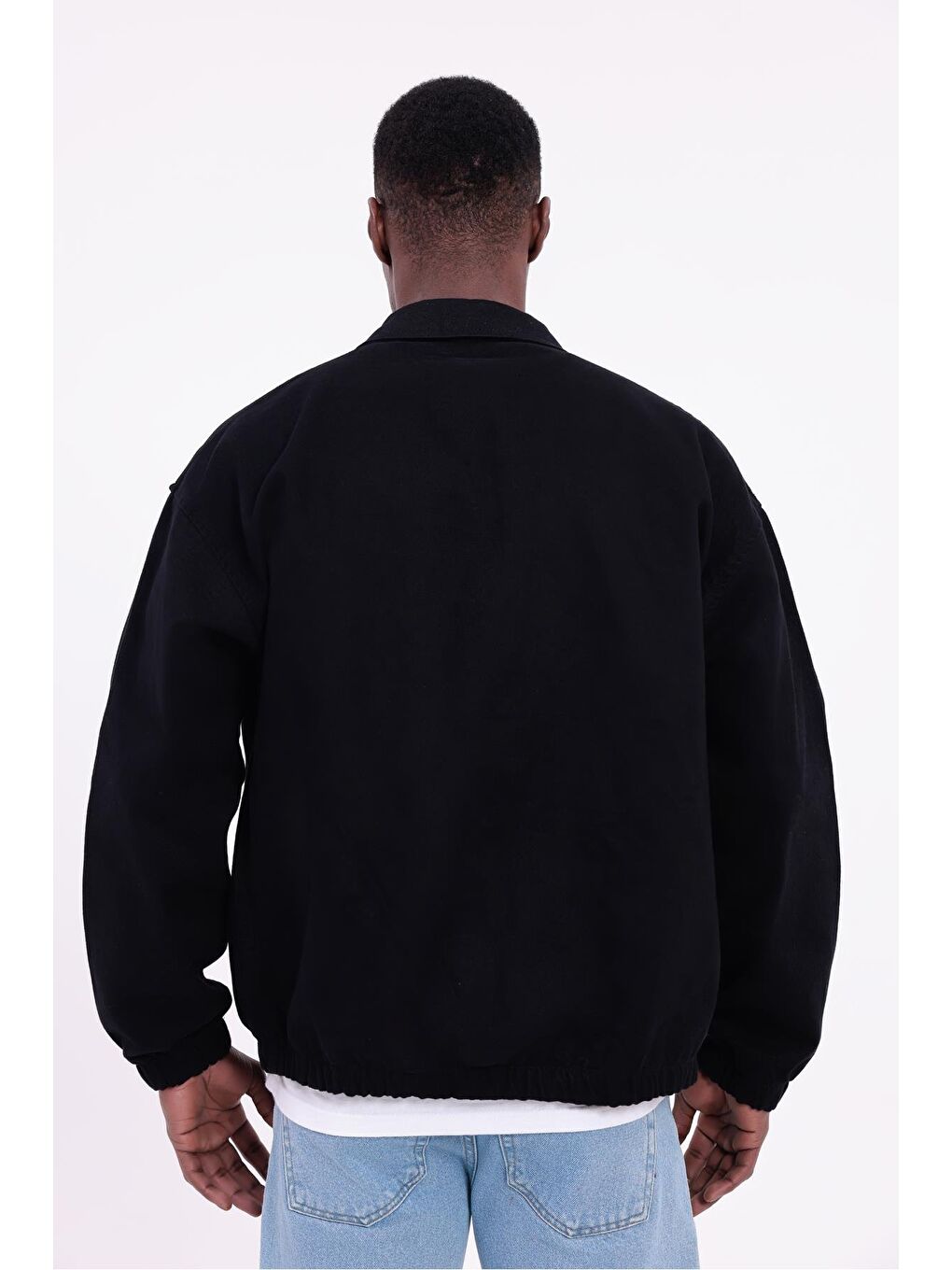 Siyah Erkek Basic Gabardin Kumaş Fermuarlı Oversize Mevsimlik Polo Yaka Ceket-6