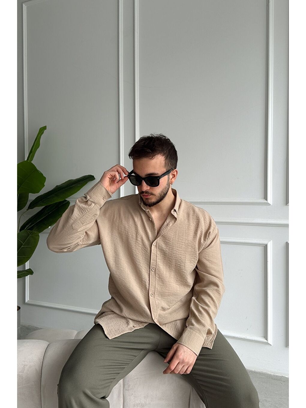 Bej Napas Erkek Oversize Keten Görünümlü Gömlek-1