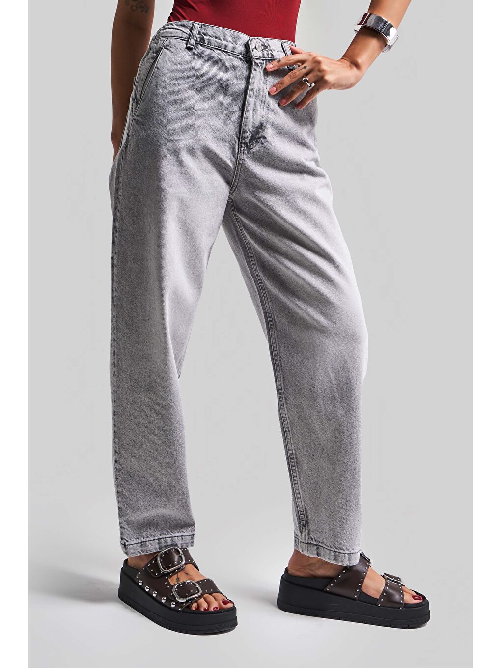 Kadın Gri Renk 4s5-12 Carrot Fit %100 Pamuk Beli Lastikli Rahat Kalıp Denim Jean