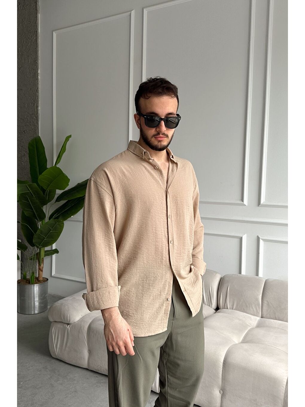 Bej Napas Erkek Oversize Keten Görünümlü Gömlek-2