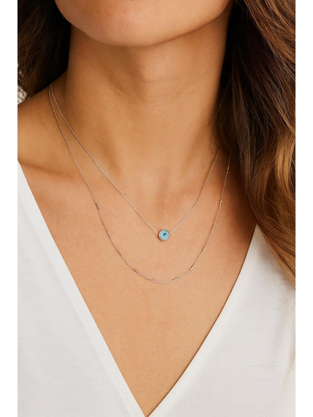 Gri Nazar Göz Uçlu Gümüş Rengi Çelik Kolye