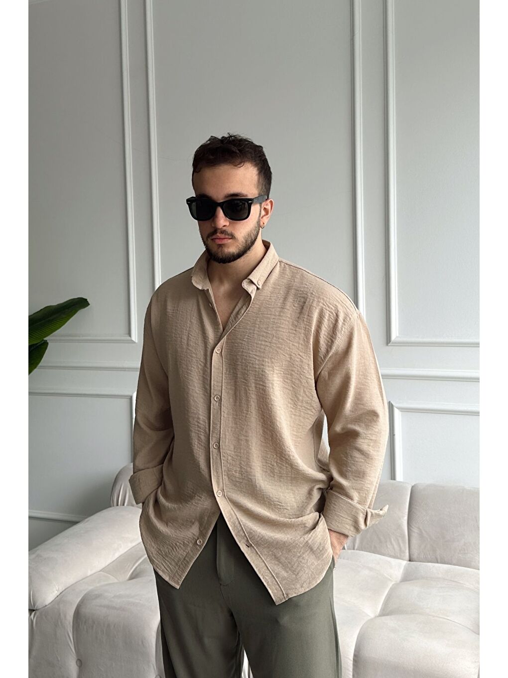 Bej Napas Erkek Oversize Keten Görünümlü Gömlek-3
