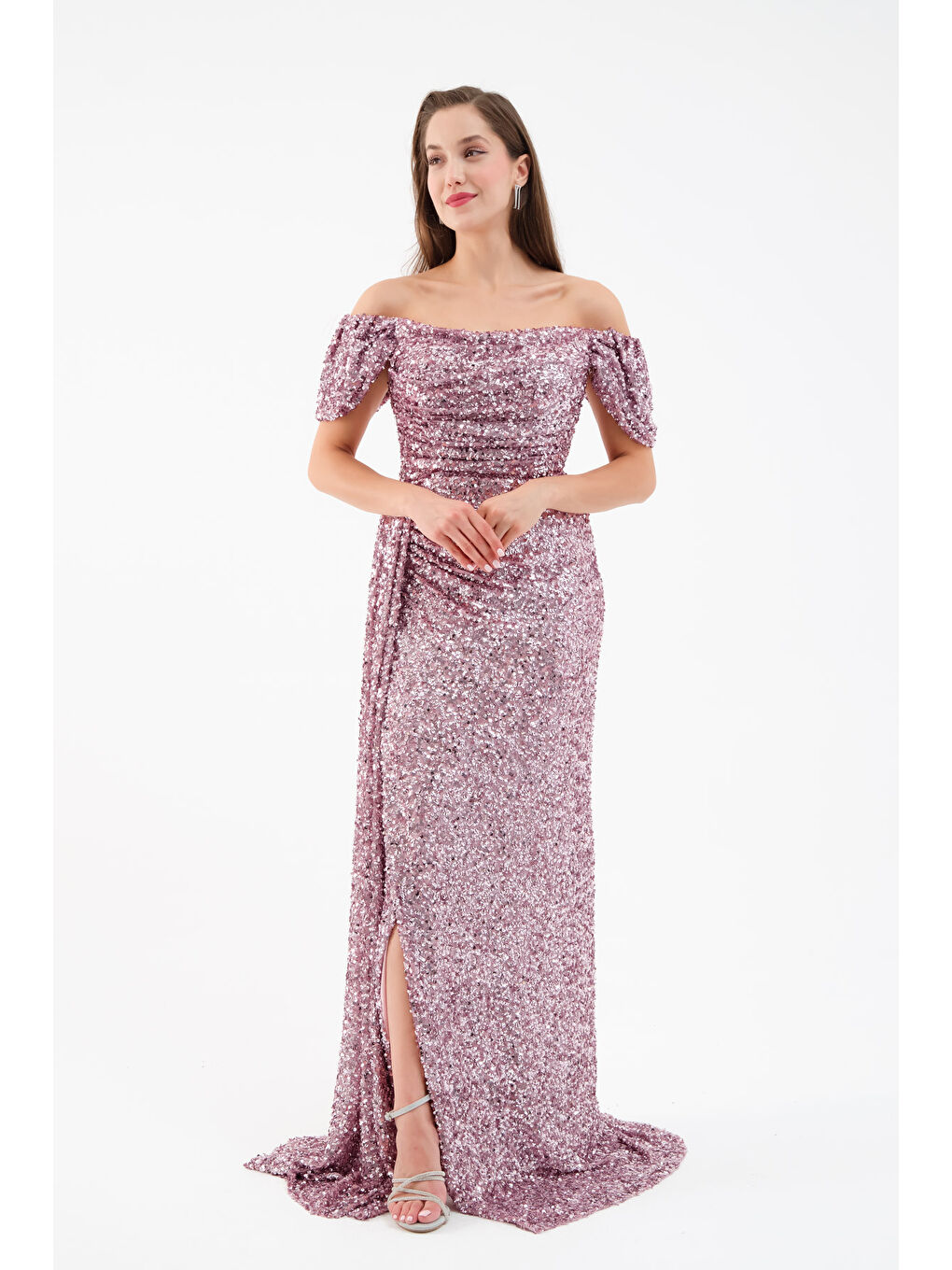 Pembe Kadın Pudra Pul Payet İşlemeli Uzun Abiye Elbise-1