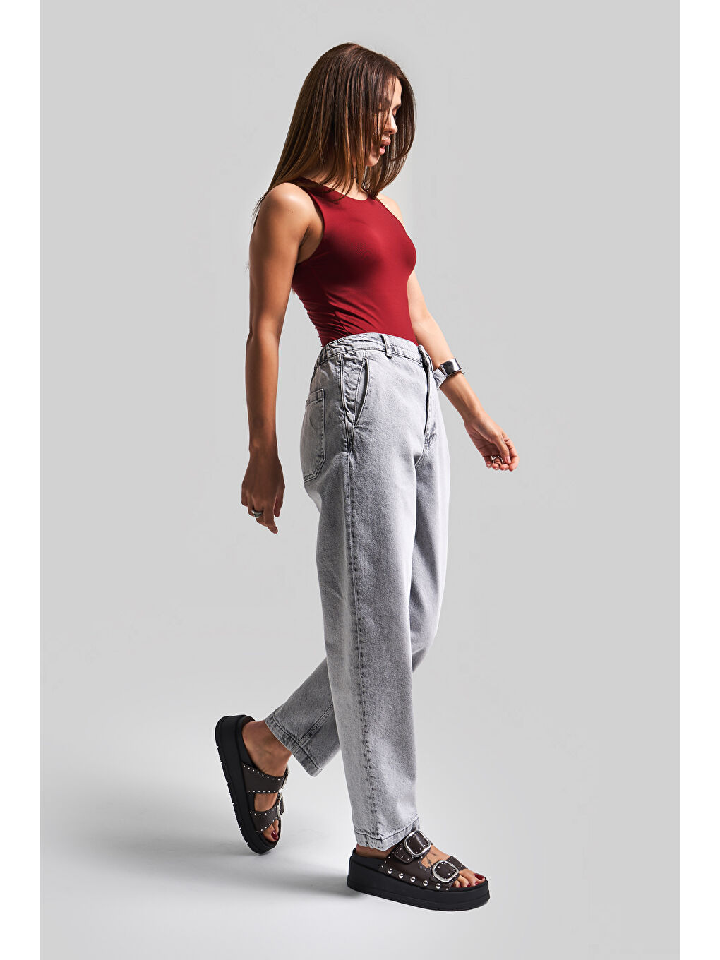 Kadın Gri Renk 4s5-12 Carrot Fit %100 Pamuk Beli Lastikli Rahat Kalıp Denim Jean-1